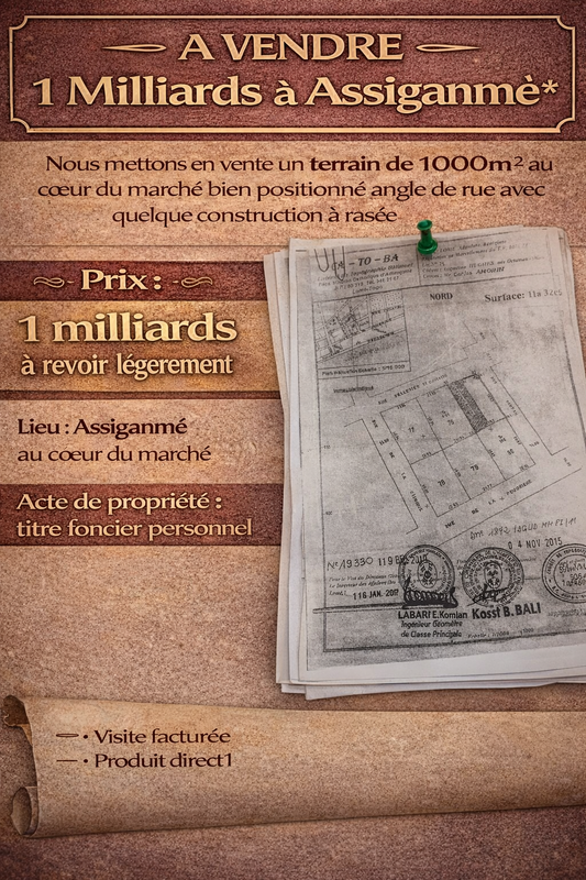 A VENDRE  Terrain de 1000m² à 1 Milliards à Assiganmé