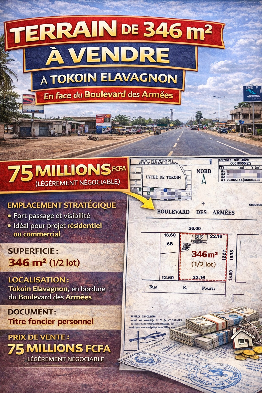 TERRAIN DE 346 m² (1/2 LOT) À VENDRE À TOKOIN ELAVAGNO – 75 MILLIONS FCFA
