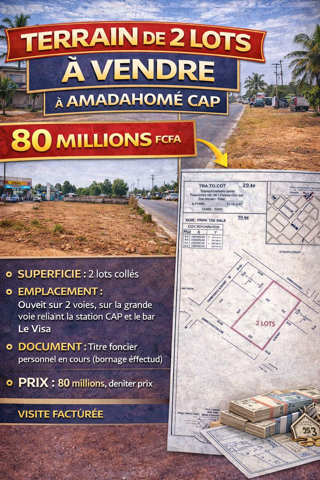 Terrain de 2 lots à vendre à Amadahomé CAP – 80 millions