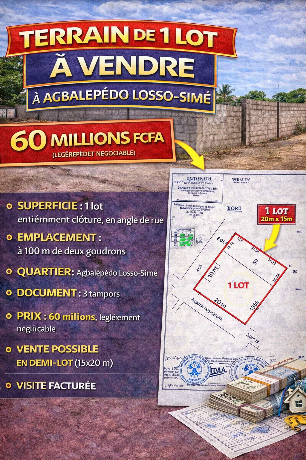 Terrain de 1 lot à vendre à Agbalépédo Losso-Simé – 60 millions
