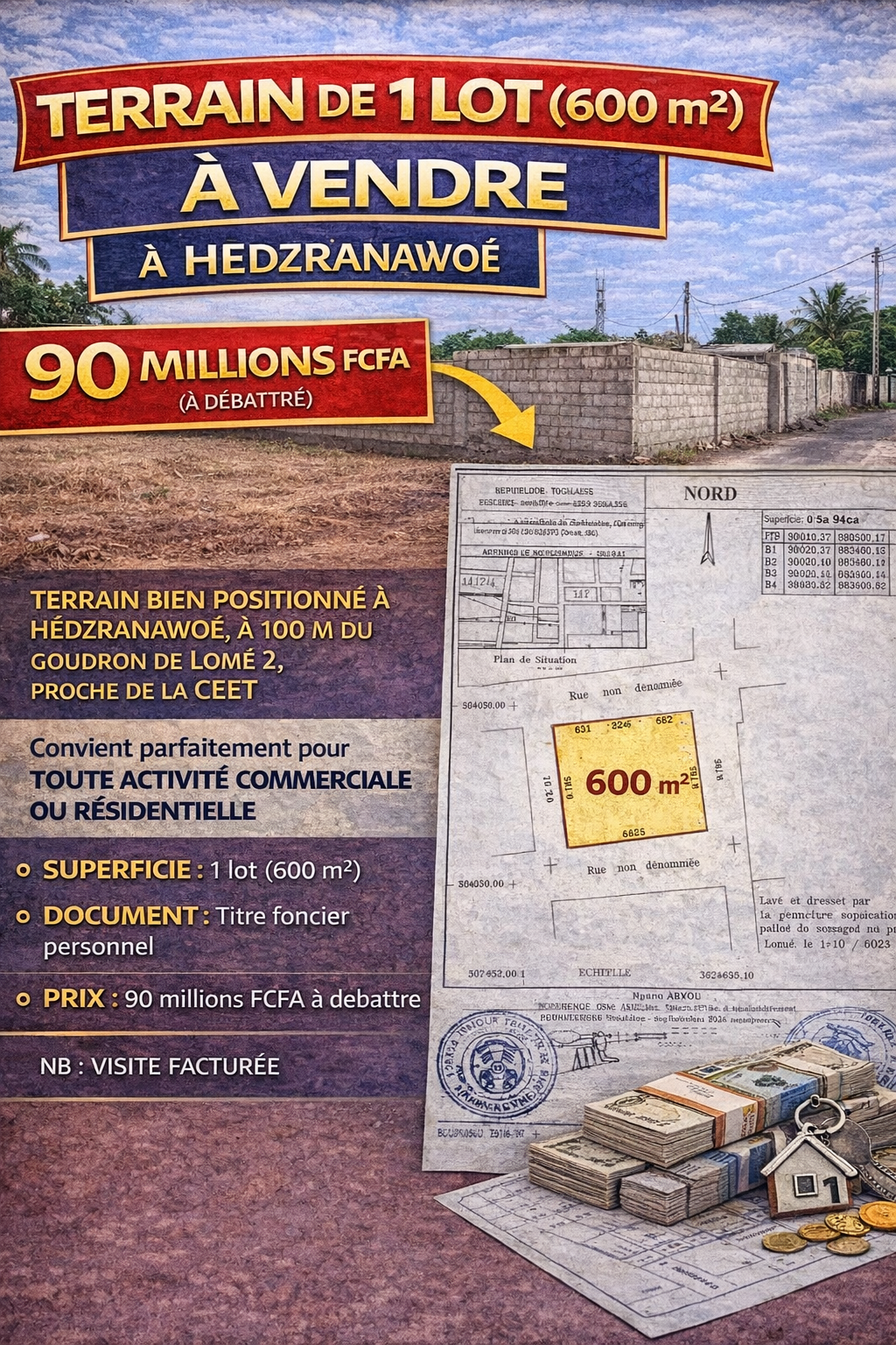 TERRAIN DE 1 LOT (600 M²) À VENDRE À HÉDZRANAWOÉ – 90 MILLIONS