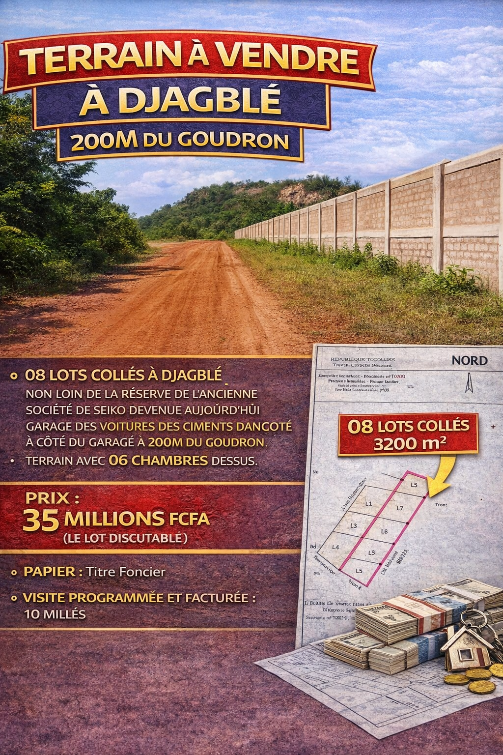 TERRAIN À VENDRE À DJAGBLÉ 200M DU GOUDRON