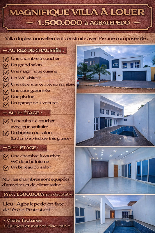 MAGNIFIQUE VILLA À LOUER 1.500.000 à AGBALEPEDO