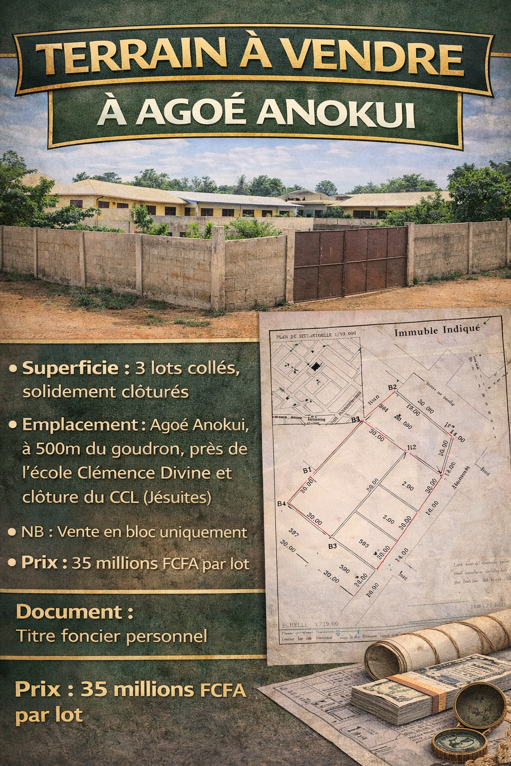 TERRAIN DE 3 LOTS À VENDRE À AGOÉ ANOKUI