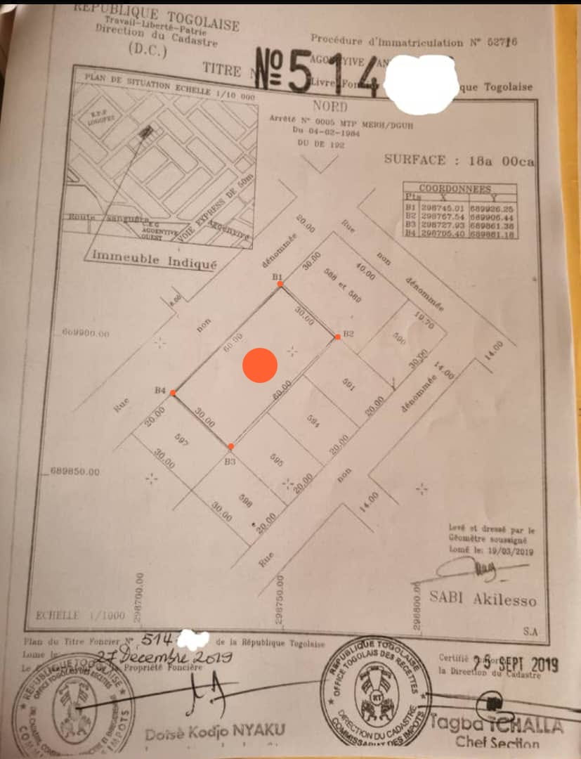 Terrain de 3 lots en vente à Agoè-Anonkui – 35 millions FCFA