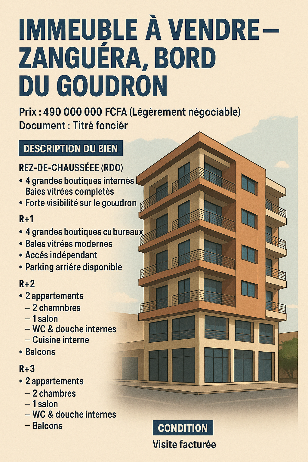 IMMEUBLE DE 18 PIÈCES À VENDRE – ZANGUÉRA, BORD DU GOUDRON