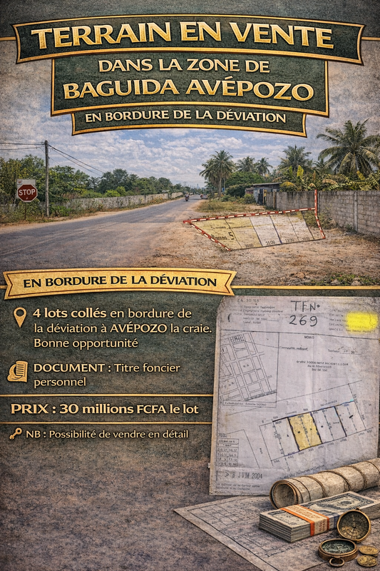 TERRAIN EN VENTE DANS LA ZONE DE BAGUIDA AVÉPOZO