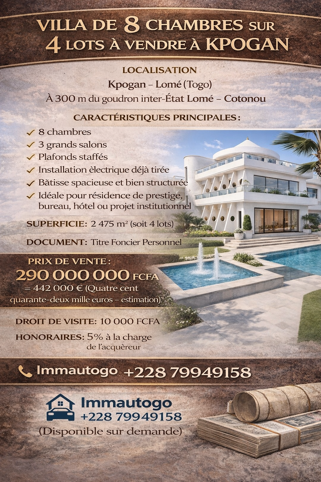 VILLA DE 8 CHAMBRES SUR 4 LOTS À VENDRE À KPOGAN