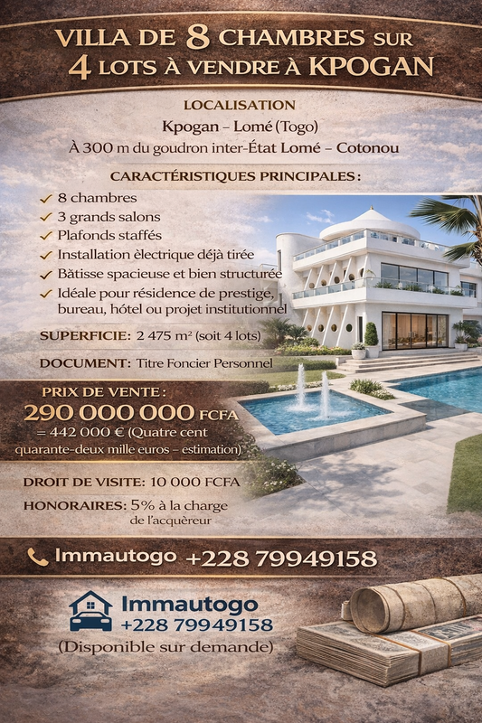 VILLA DE 8 CHAMBRES SUR 4 LOTS À VENDRE À KPOGAN