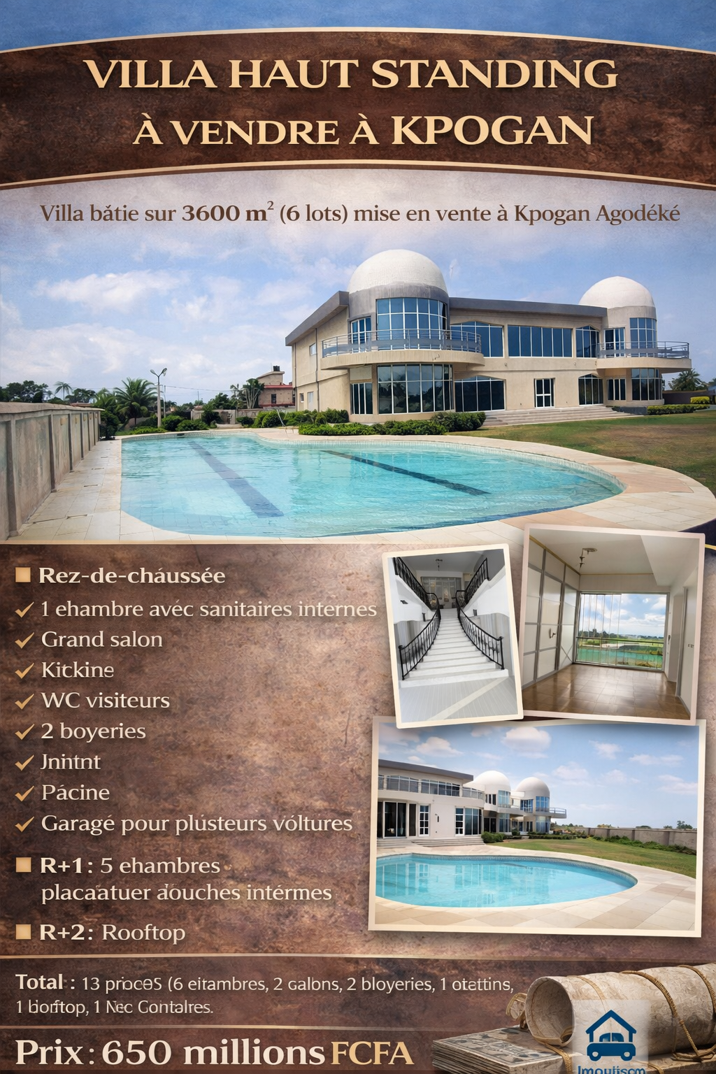 À VENDRE – Villa 13 pièces avec piscine et rooftop à Kpogan Agodéké | 3600 m² (6 lots) | 650 millions FCFA