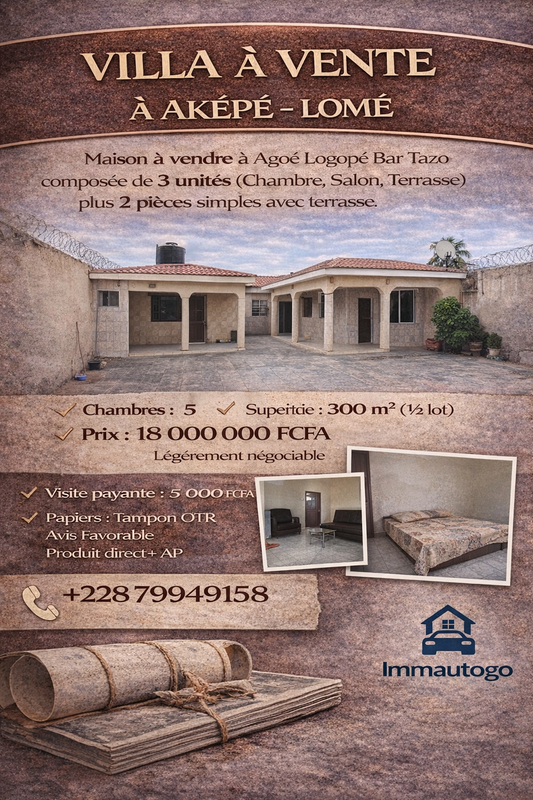 Villa 5 chambres en vente à agoé logopé bar tazo – Lomé | 18 000 000 FCFA