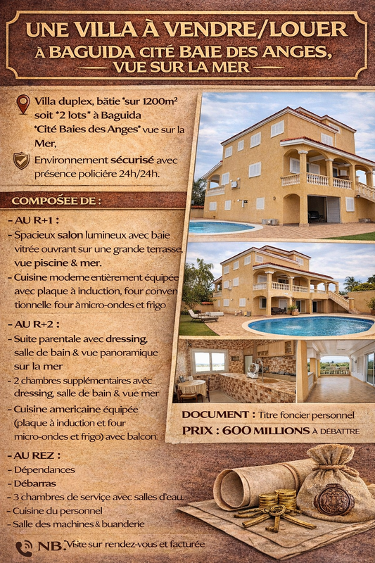 UNE VILLA À VENDRE/LOUER À BAGUIDA CITÉ BAIE DES ANGES, VUE SUR LA MER