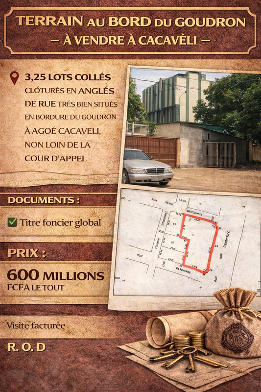 MTERRAIN AU BORD DU GOUDRON, À VENDRE À CACAVÉLI