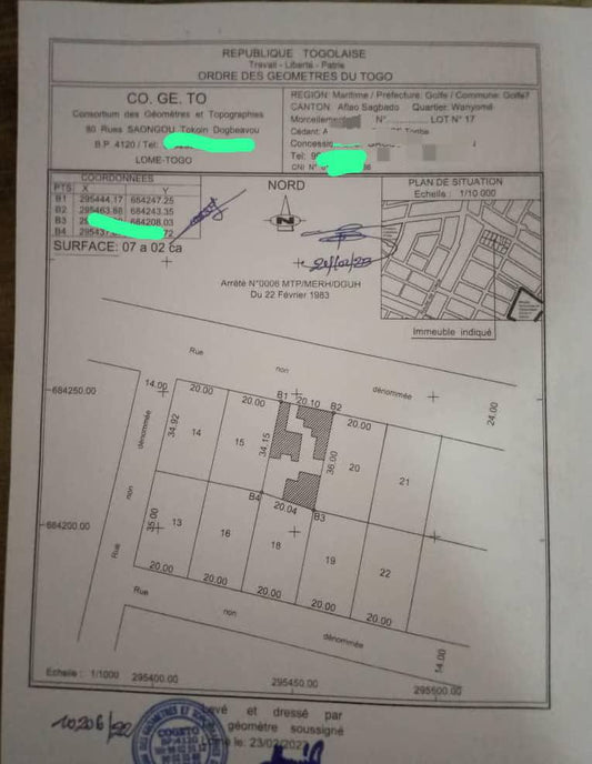 Terrain à vendre à Adidogomé – 70 Millions FCFA