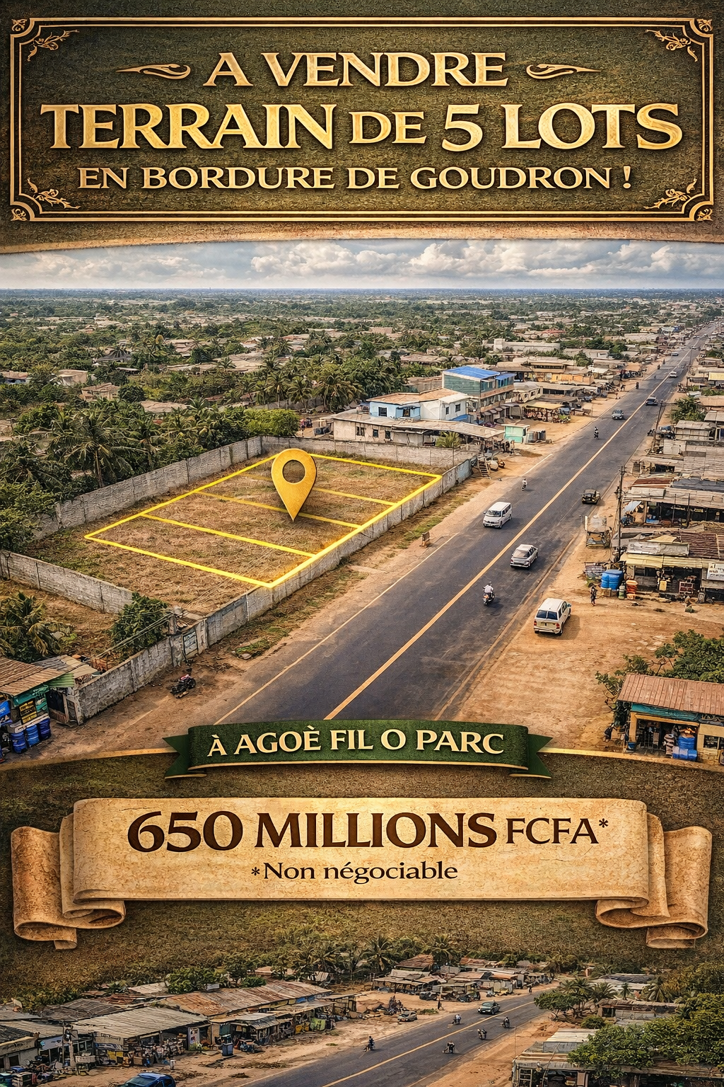 Terrain de 5 lots en vente en bordure de goudron à Agoè Fil O Parc – 650 millions FCFA