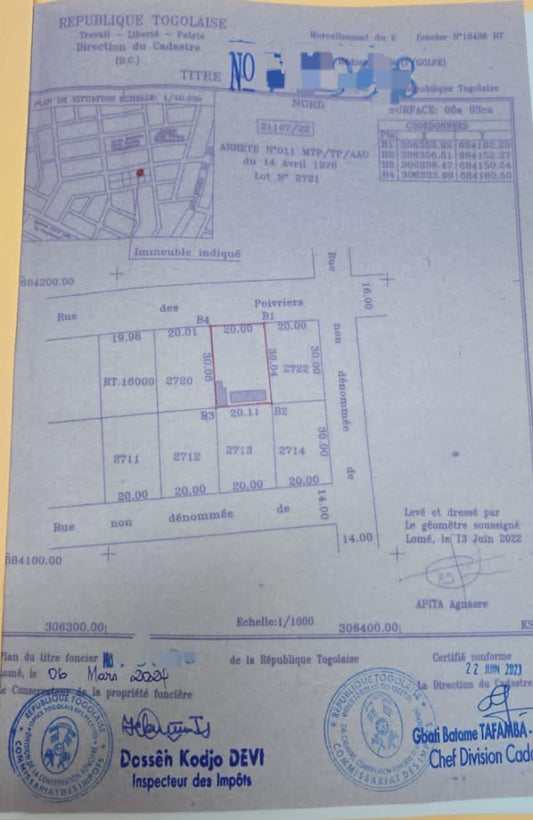 Terrain 1 lot en vente à Hédzranawoé – 60 millions FCFA
