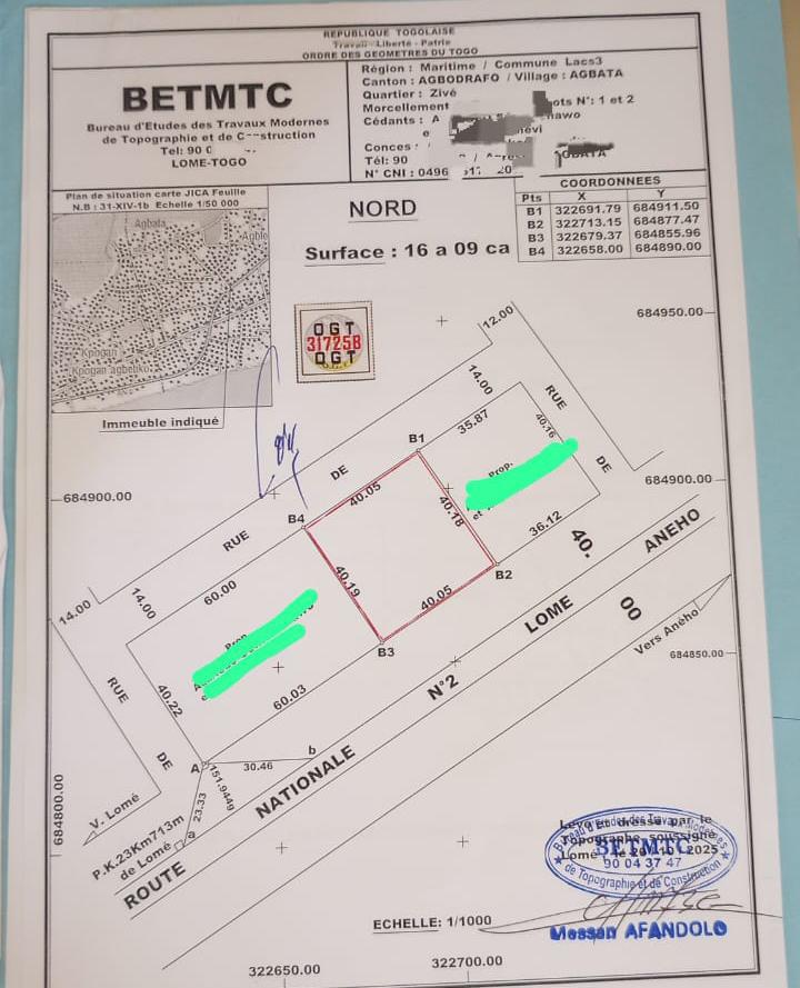 Terrain de 1609 m² en vente à Agbata au bord du goudron – 130 millions FCFA