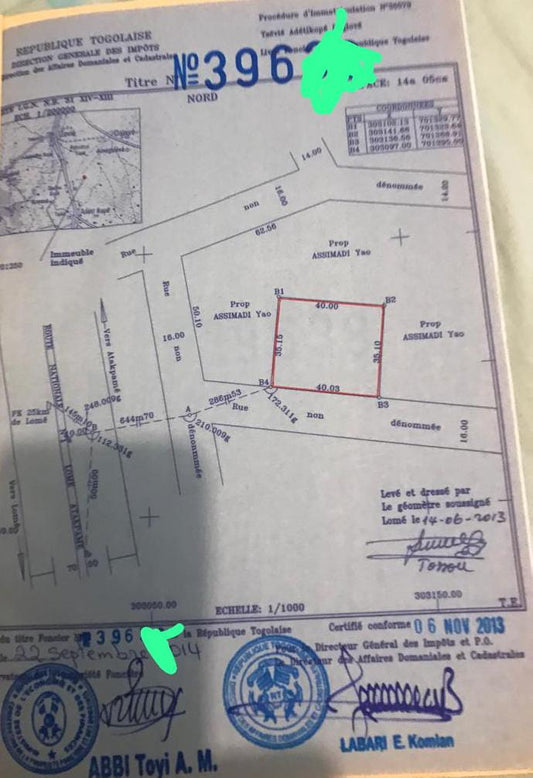 Terrain de 1406 m² en vente à Adetikopé – 45 millions FCFA