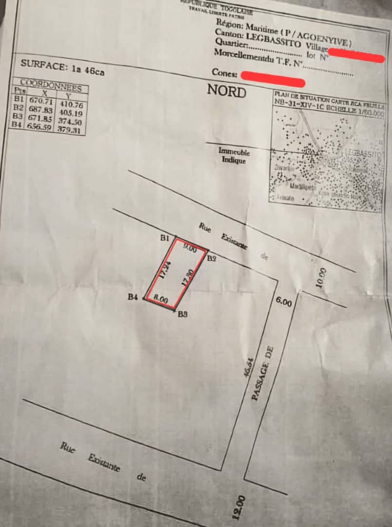 Terrain de 146 m² à vendre à Légbassito – 7 000 000 FCFA