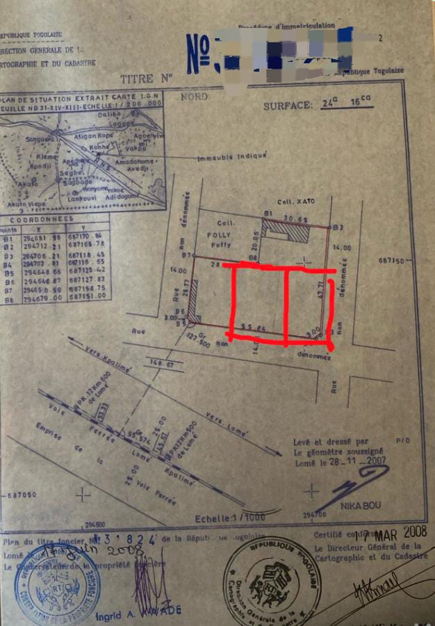 Terrain de 1200 m² en vente en angle de rue à Adidogomé Attigangome – 33 millions FCFA le lot