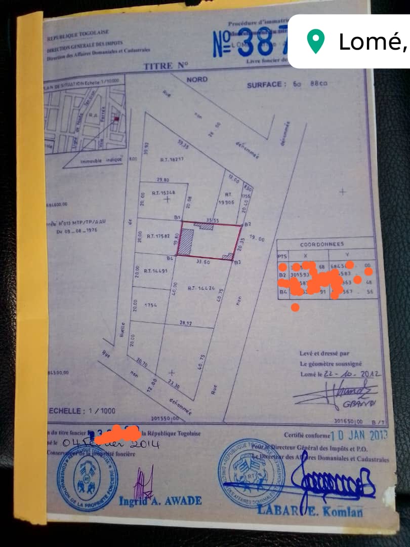 Terrain de 600 m² en vente à GTA – 85.000.000 FCFA