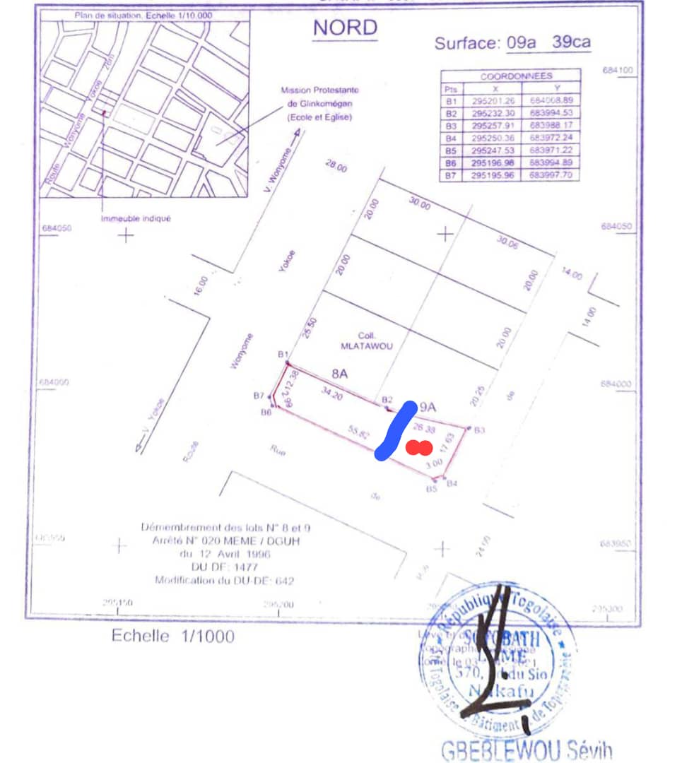 Terrain en vente en angle de rue à Adidogomé Wonyomé – 25 millions FCFA