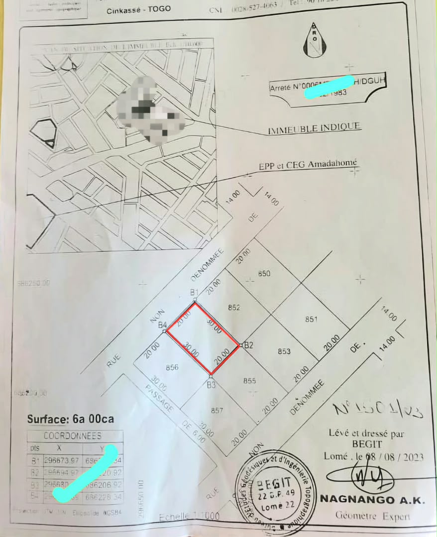 Terrain 1 lot en vente à Adidogomé Amadahome – 35 millions FCFA
