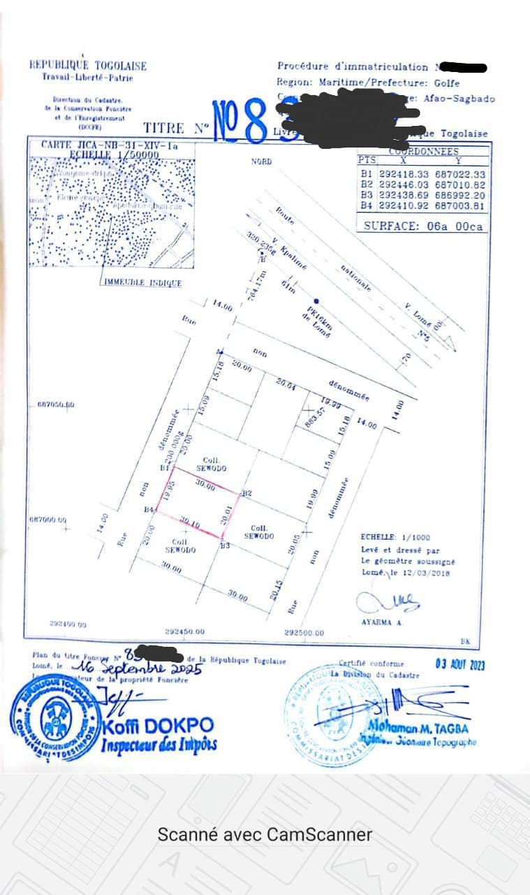 Terrain de 600 m² à vendre à Gbomamé – 25 millions FCFA