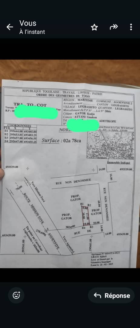 Terrain de 600 m² en vente à Agoé Legbassito – 12 millions FCFA