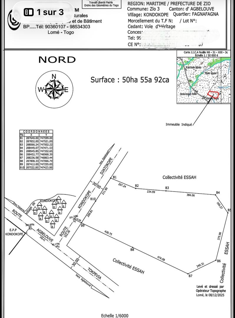 Terrain cultivable de 50 hectares en vente à Agbelouve – 1 million FCFA par hectare