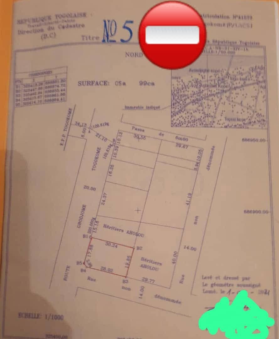 Terrain de 600 m² en vente à Togokomé, angle de rue – 40 millions FCFA