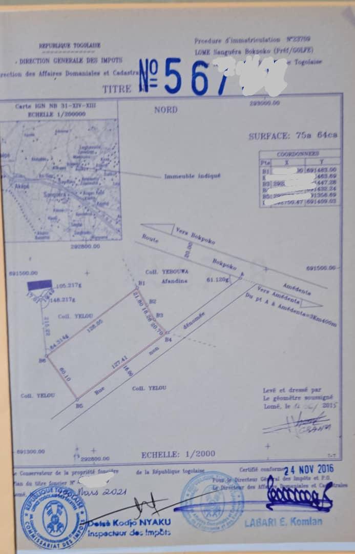 Terrain de 7564 m² en vente en angle de rues à Agoè Légbassito Bokpoko – 264 millions FCFA