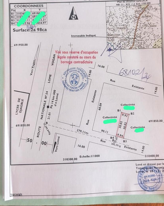 Terrain nu de 298 m² en vente à Djagblé Lycée – 7 000 000 FCFA