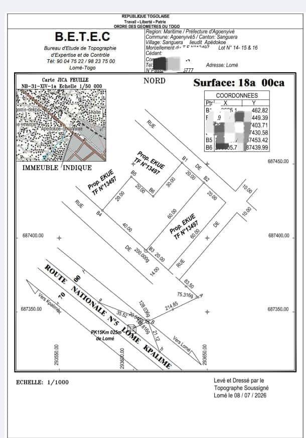 Terrain de 1800 m² (3 lots) en vente à Adidogomé Apédokoé, proche du goudron – 26 millions FCFA