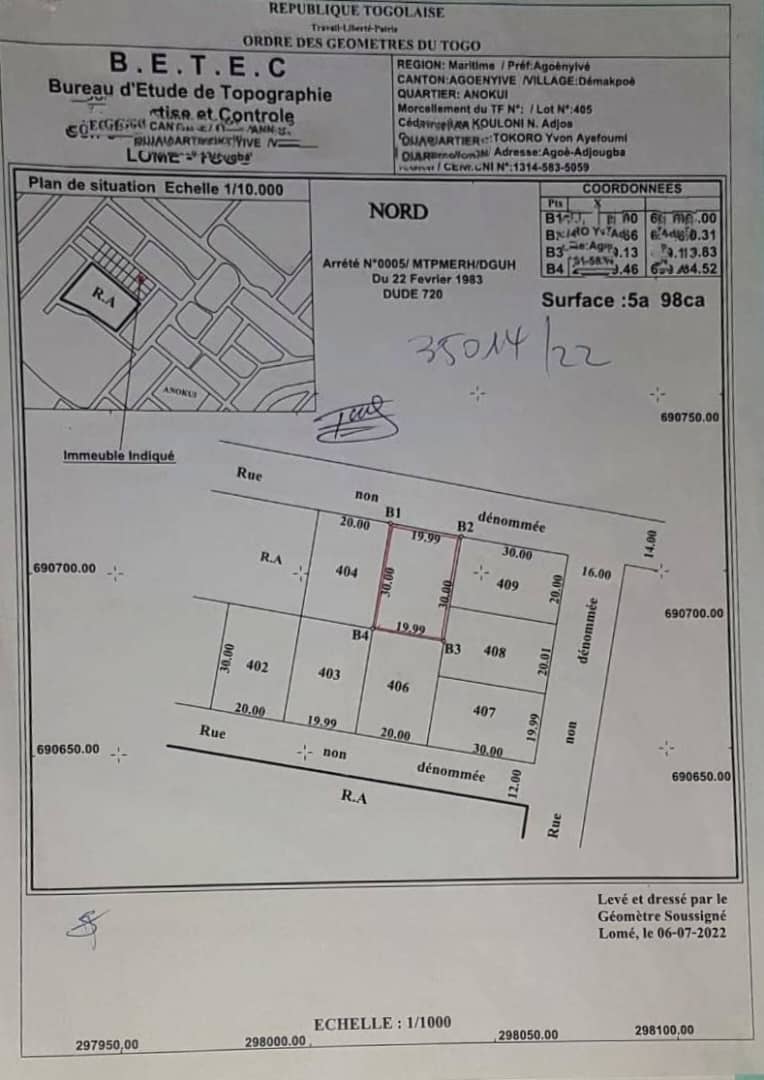 Terrain de 600 m² en vente à Agoé Anonkui Sogbossito – 40 millions FCFA