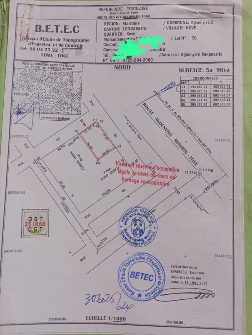 Terrain en vente à Agoè Legbassito – 30 millions FCFA