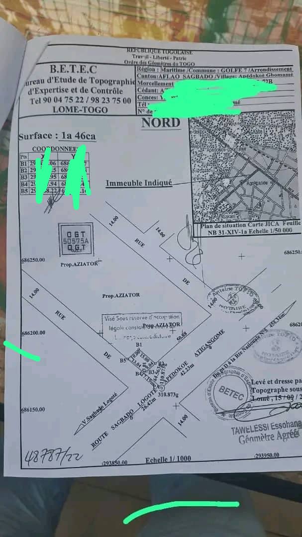 Terrain ¼ de lot en vente à Adidogomé Attigangomé – 15 millions FCFA