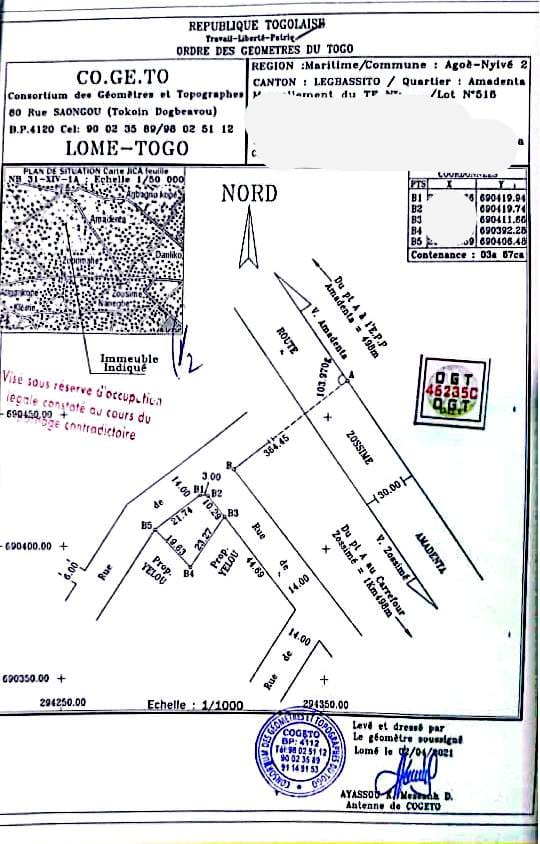 Terrain en angle de rue à vendre à Légbassito Amadenta – 11,5 millions FCFA