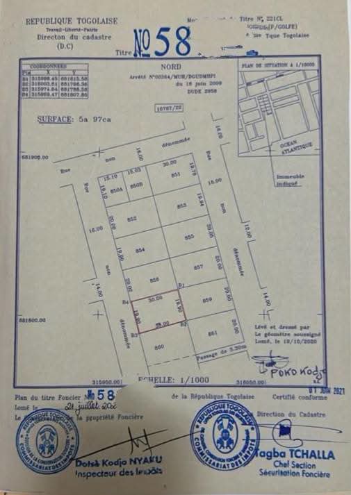 Terrain 1 lot à vendre proche du goudron à Baguida – 50 millions FCFA