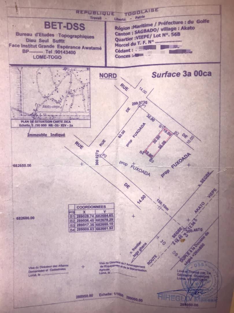 Terrain en vente à Ségbé Akato-Viépé – 8,5 millions FCFA
