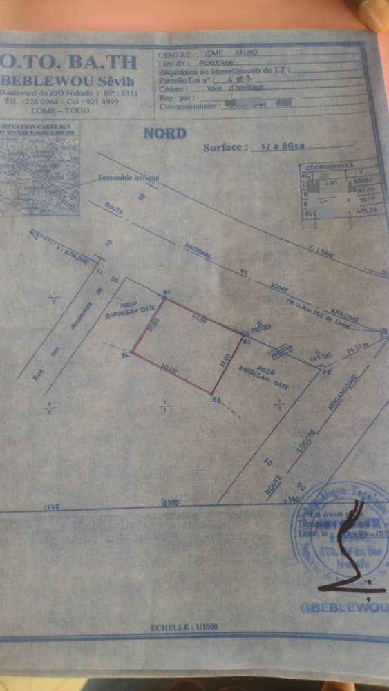 Terrain de 600 m² en vente en bordure de goudron à Adidogomé Atigangomé – 65 millions FCFA