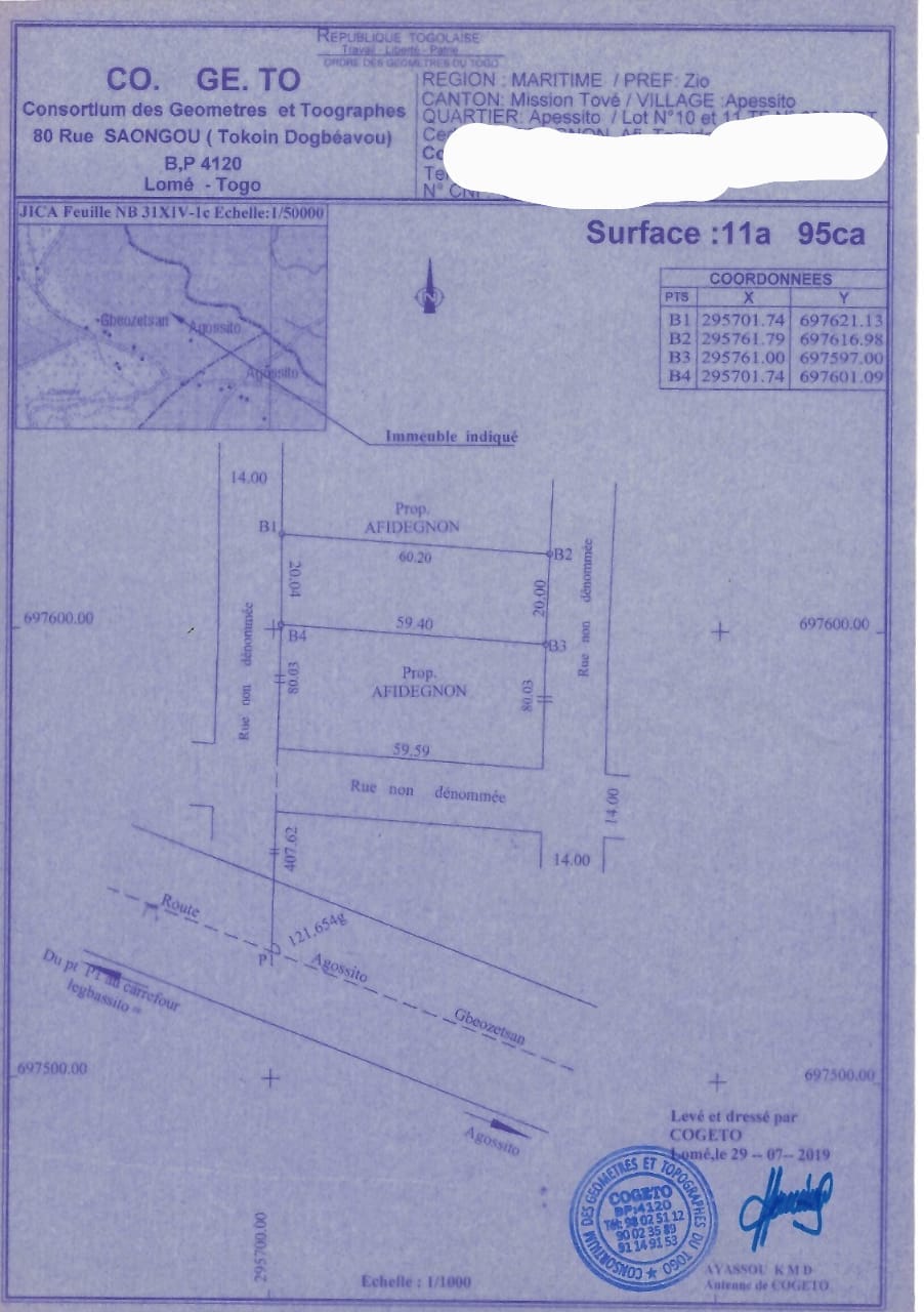Terrain de 1195 m² en vente à Apessito Gbesetsen – 6 millions FCFA le lot