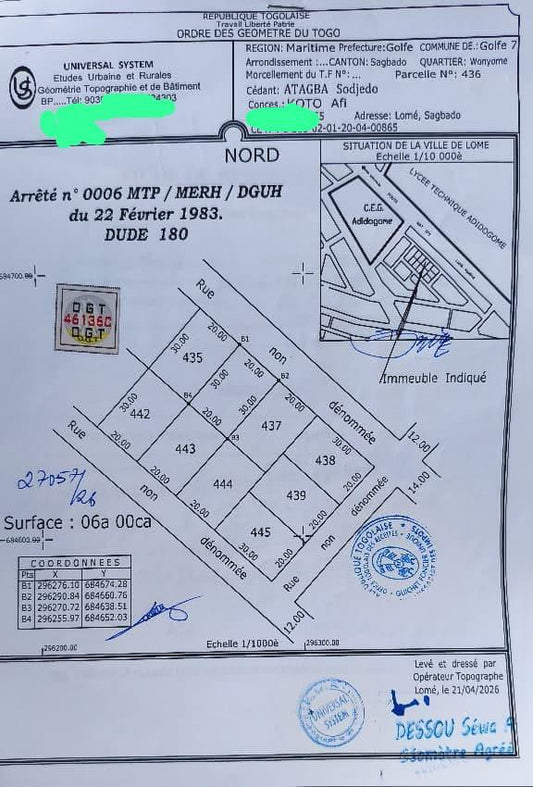 Terrain de 600 m² en vente à Adidogomé Wonyomé – 50 millions FCFA