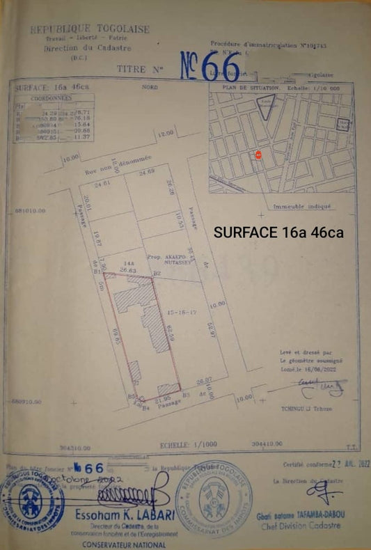 Terrain de 1646 m² en vente en angle de rue à Noukafou Gakpoto – 250 millions FCFA
