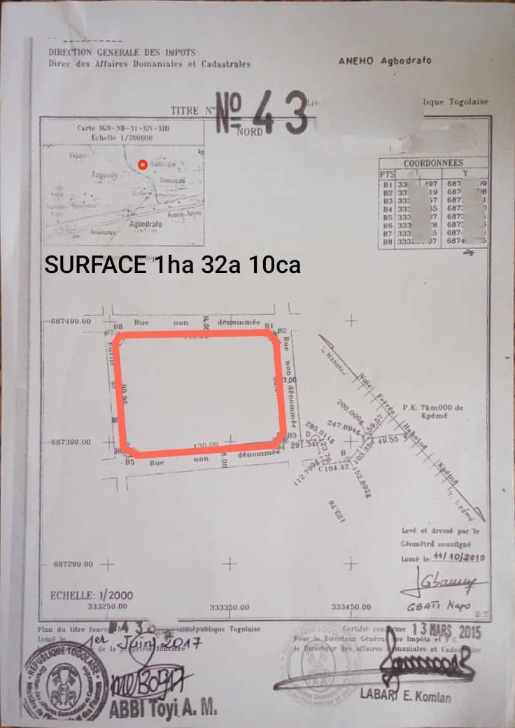Terrain de 22 lots en vente en angle de rue à Agbodrafo Djassémé – 12 millions FCFA le lot