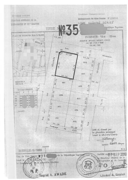 Terrain de 1229 m² en vente en angle de rue à Agoè Adidoadin – 160 millions FCFA