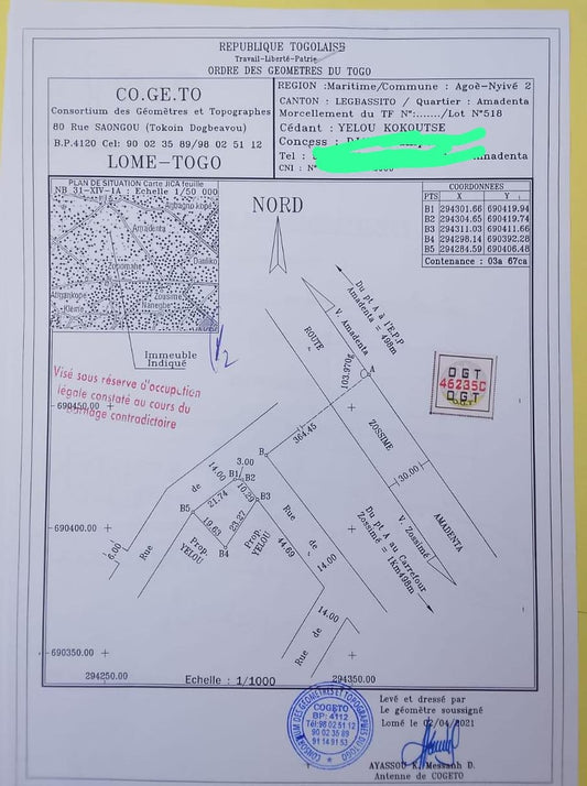 Terrain de 367 m² en vente en angle de rue à Zossimé Amadenta – 13 millions FCFA
