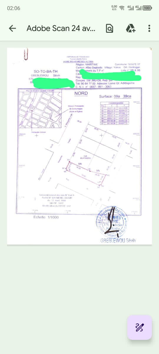Terrain en vente à Wognomé angle rue – 25 millions FCFA