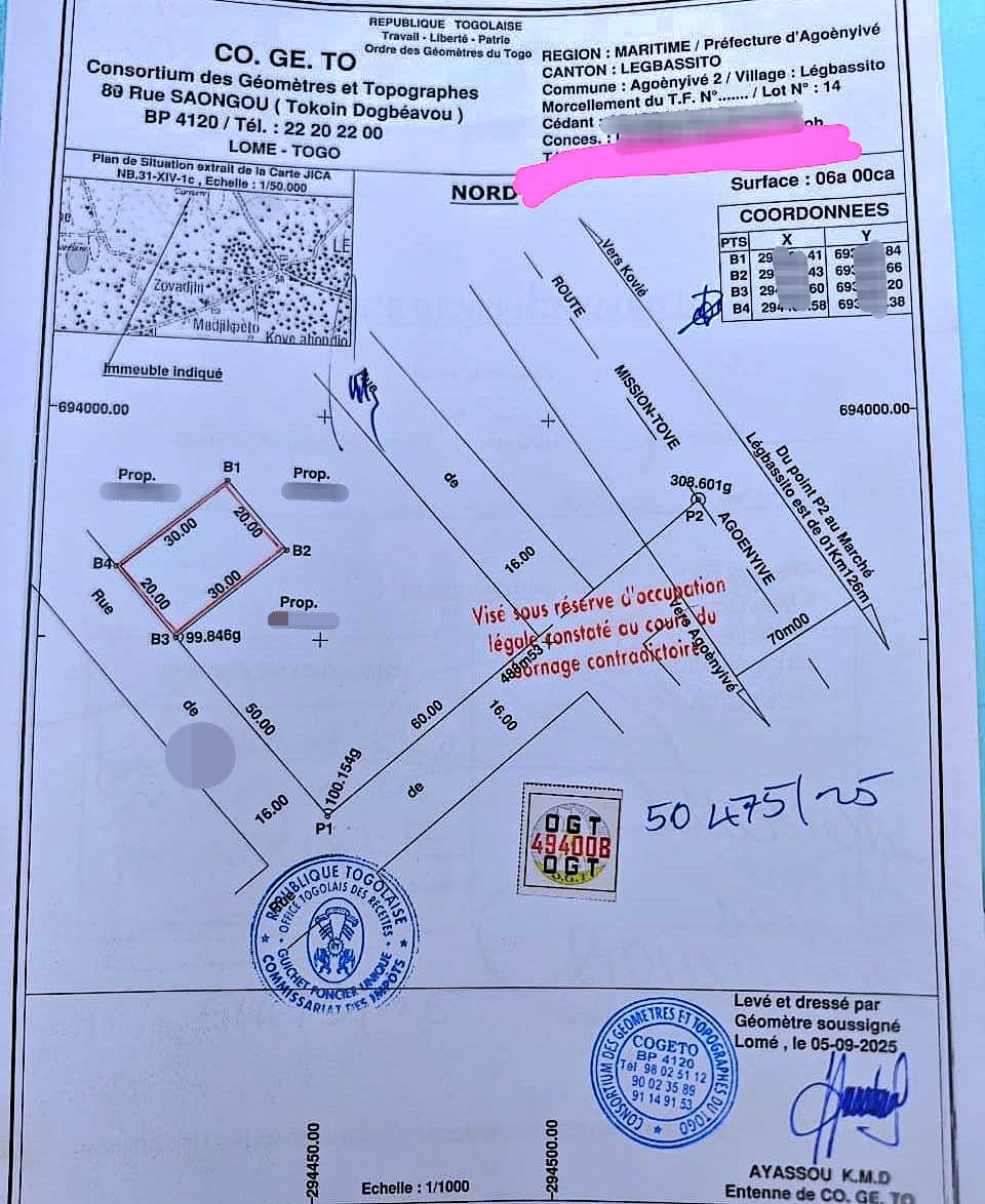 Terrain de 600 m² en vente à Agoè Légbassito – 25 000 000 FCFA