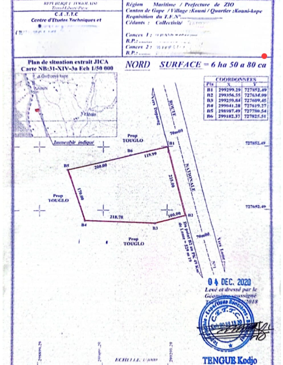 Terrain de 6,5 hectares en vente en bordure du goudron à Lilikopé Touni Kopé – 28 millions FCFA
